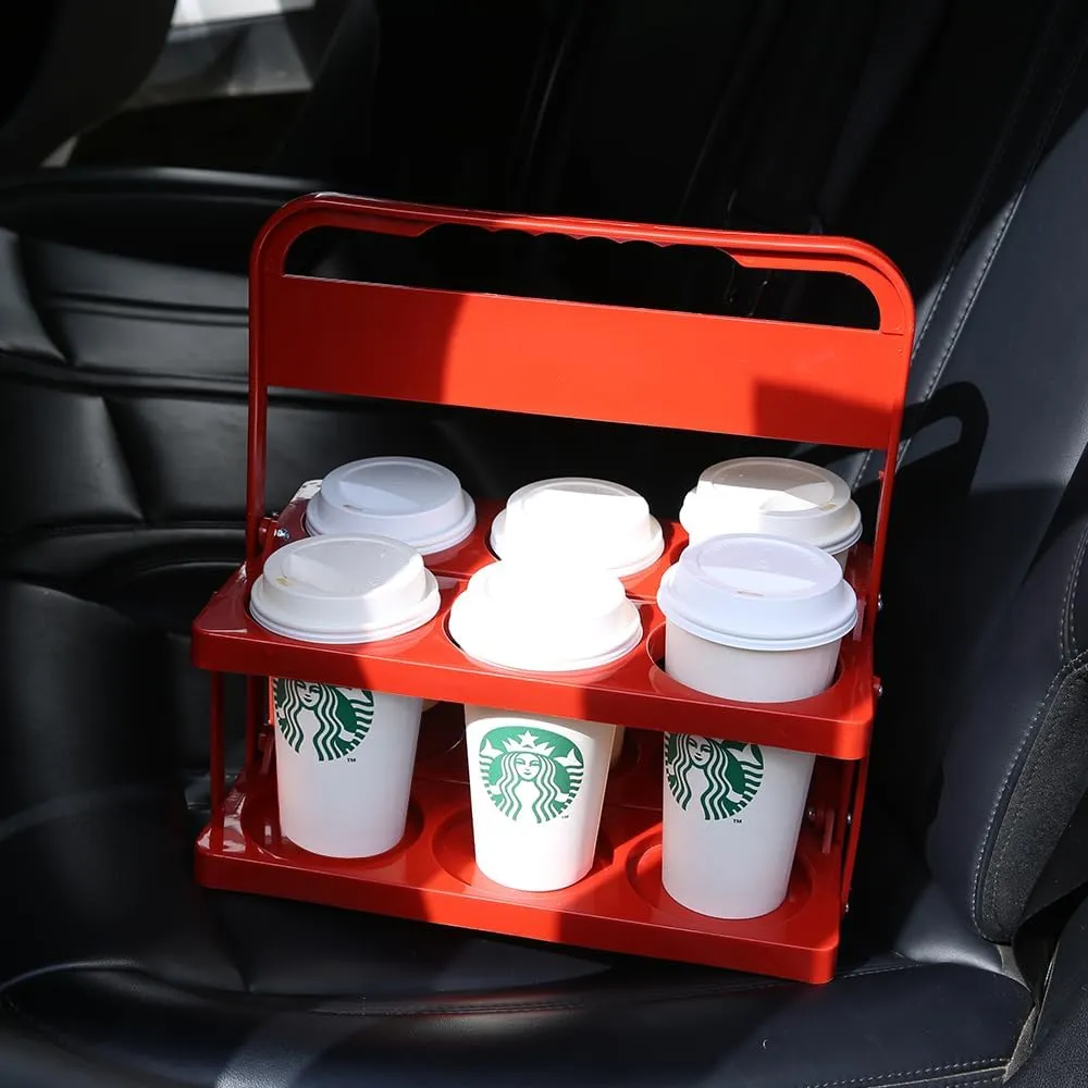 Bodaon 6 Cup Drink Carrier with Handle, Plastic Cup Carriers for Drinks, Drink Holder for Car, GrubHub/Eats Doordash Accessories, Portable Foldable Reusable Mobile, Use for Food Delivery Bag, Red