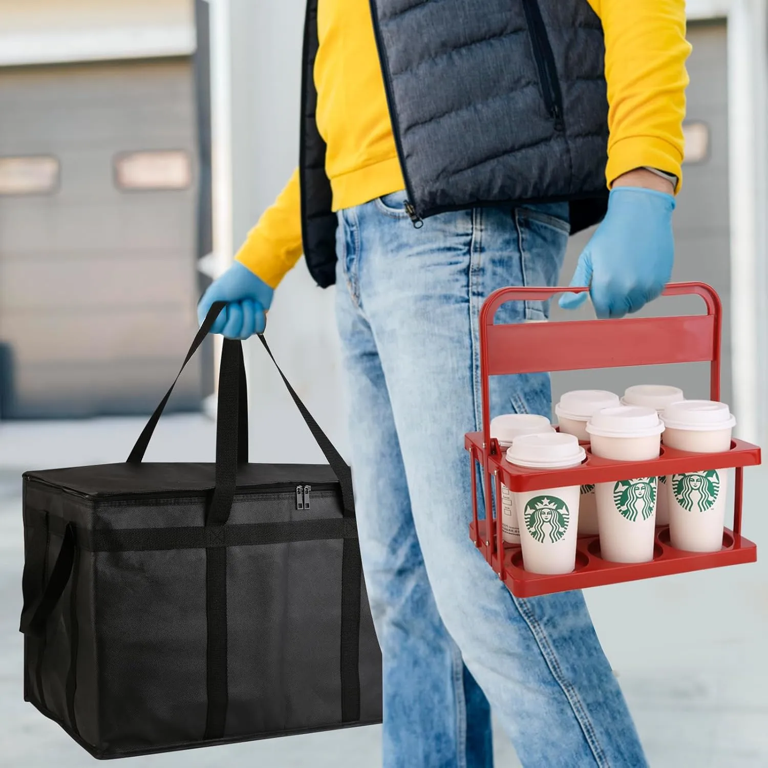 Bodaon 6 Cup Drink Carrier with Handle, Plastic Cup Carriers for Drinks, Drink Holder for Car, GrubHub/Eats Doordash Accessories, Portable Foldable Reusable Mobile, Use for Food Delivery Bag, Red