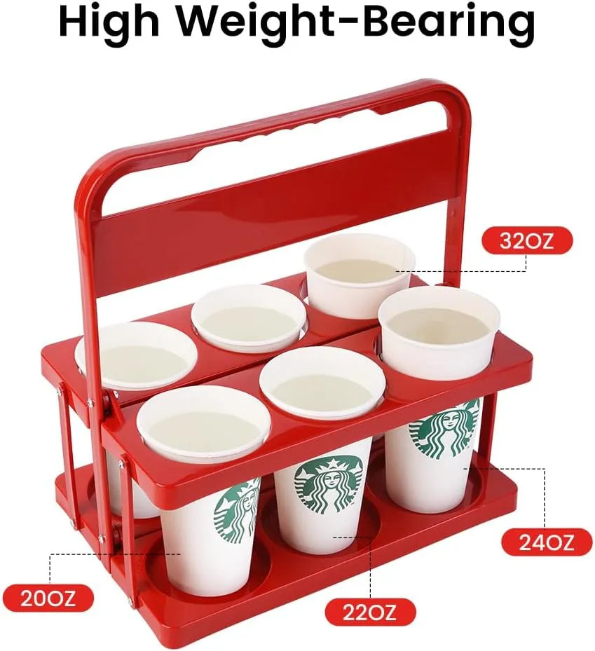 Bodaon 6 Cup Drink Carrier with Handle, Plastic Cup Carriers for Drinks, Drink Holder for Car, GrubHub/Eats Doordash Accessories, Portable Foldable Reusable Mobile, Use for Food Delivery Bag, Red