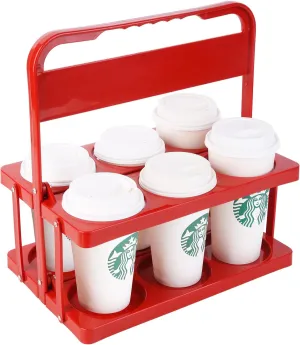 Bodaon 6 Cup Drink Carrier with Handle, Plastic Cup Carriers for Drinks, Drink Holder for Car, GrubHub/Eats Doordash Accessories, Portable Foldable Reusable Mobile, Use for Food Delivery Bag, Red
