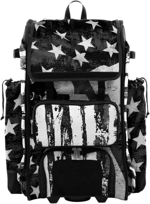 Boombah Catchers Superpack Hybrid Rolling Bat Bag - USA Stars & Stripes Black Ops Black/White - Wheeled & Backpack Version