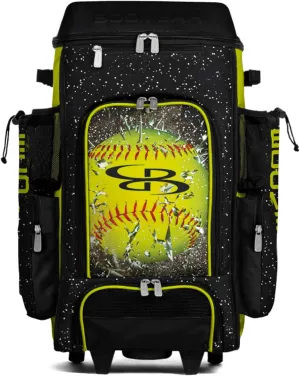 Boombah DEFCON Superpack Rolling Bat Bag - Telescopic Handle and Holds 4 Bats - Wheeled Version - Softball Highlight Black/Optic Yellow/Red