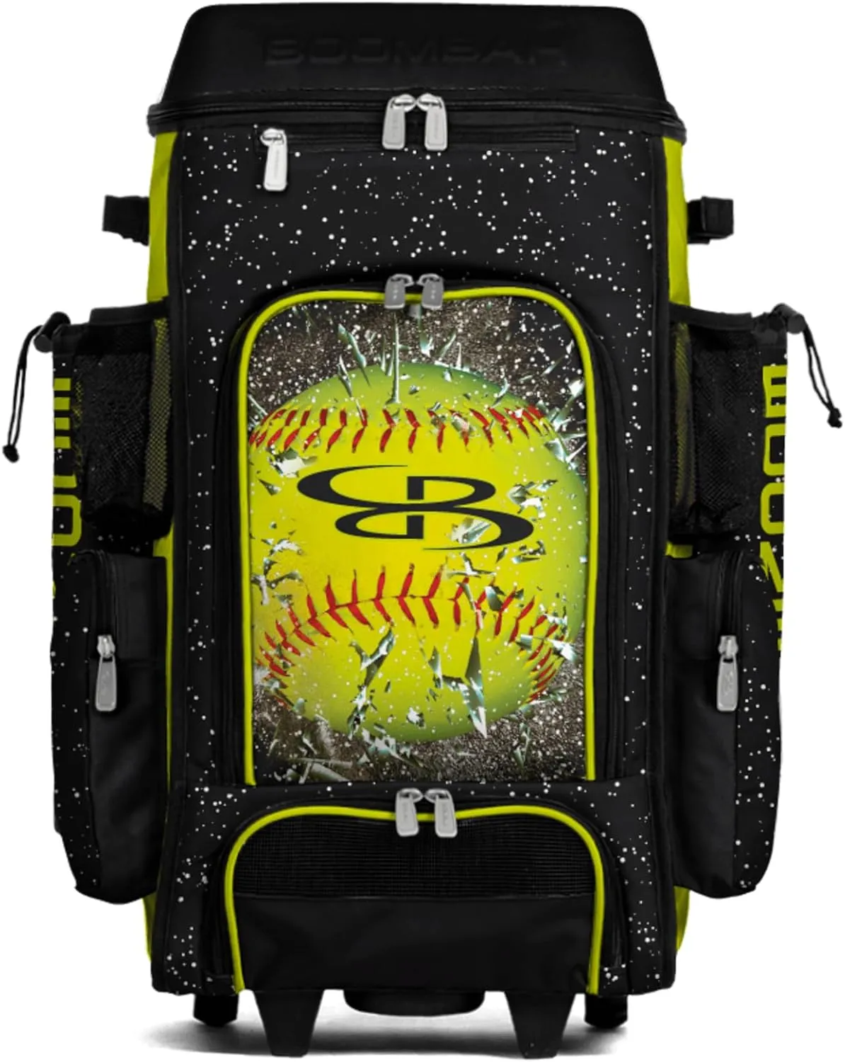 Boombah DEFCON Superpack Rolling Bat Bag - Telescopic Handle and Holds 4 Bats - Wheeled Version - Softball Highlight Black/Optic Yellow/Red
