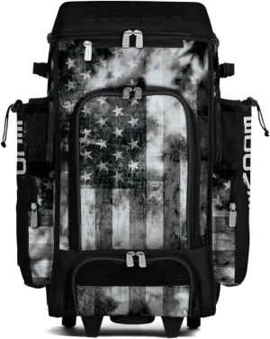 Boombah DEFCON Superpack Rolling Bat Bag - Telescopic Handle and Holds 4 Bats - Wheeled Version - USA Old Glory Black Ops Black/Charcoal/White