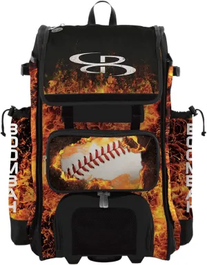 Boombah Rolling Catchers Superpack 2.0 Baseball/Softball Gear Bag - 23-1/2" x 13-1/2" x 9-1/2" - Fireball Black/Orange/White - Telescopic Handle - Holds 4 Bats - Wheeled Version