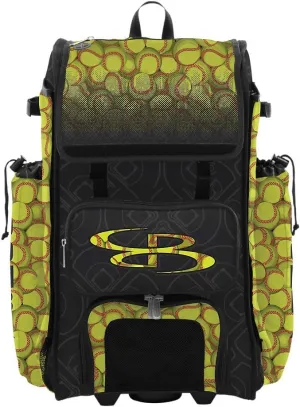 Boombah Rolling Catchers Superpack 2.0 Baseball/Softball Gear Bag - 23-1/2" x 13-1/2" x 9-1/2" - Softball Black/Optic Yellow/Red - Telescopic Handle - Holds 4 Bats - Wheeled Version