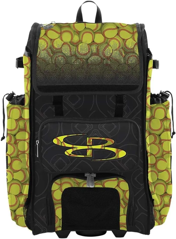 Boombah Rolling Catchers Superpack 2.0 Baseball/Softball Gear Bag - 23-1/2" x 13-1/2" x 9-1/2" - Softball Black/Optic Yellow/Red - Telescopic Handle - Holds 4 Bats - Wheeled Version