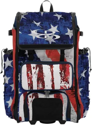 Boombah Rolling Catchers Superpack 2.0 Baseball/Softball Gear Bag - 23-1/2" x 13-1/2" x 9-1/2" - USA Stars & Stripes Navy/Red/White - Telescopic Handle - Holds 4 Bats - Wheeled Version