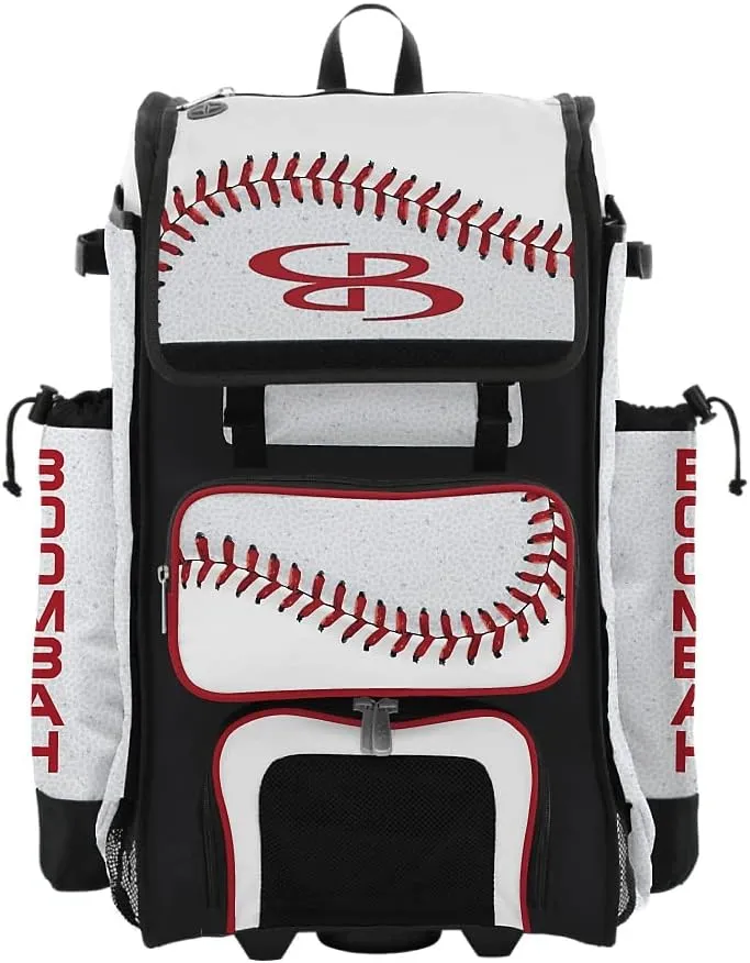 Boombah Rolling Catchers Superpack Baseball/Softball Gear Bag - 23-1/2" x 13-1/2" x 9-1/2" - Baseball 2 White/Red/Black - Telescopic Handle - Holds 4 Bats - Wheeled Version