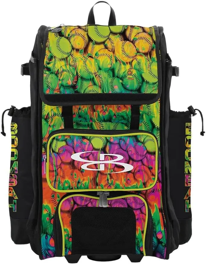 Boombah Rolling Catchers Superpack Baseball/Softball Gear Bag - 23-1/2" x 13-1/2" x 9-1/2" - Neon Ballpark Multi - Telescopic Handle - Holds 4 Bats - Wheeled Version