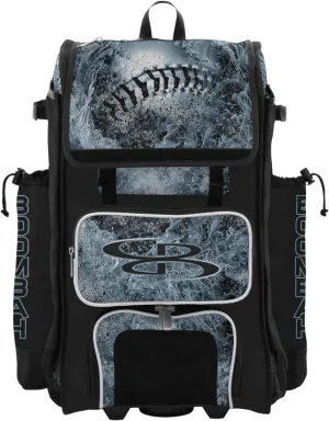 Boombah Rolling Catchers Superpack Bat Bag - 23-1/2" x 13-1/2" x 9-1/2" - Telescopic Handle - Holds 4 Bats - Wheeled Version - Baseball Chrome Black/White/Ice Blue