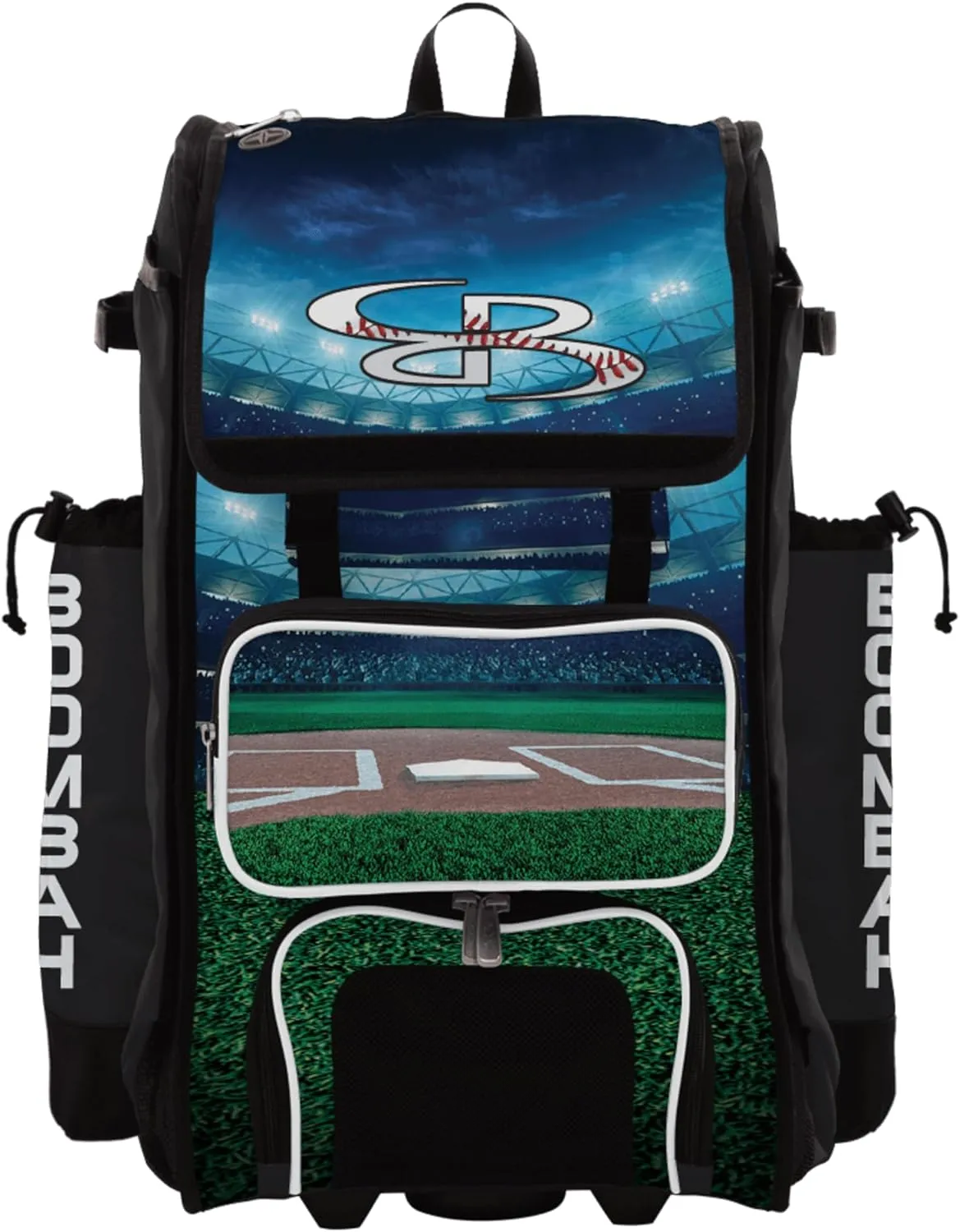 Boombah Rolling Catchers Superpack Bat Bag - 23-1/2" x 13-1/2" x 9-1/2" - Telescopic Handle - Holds 4 Bats - Wheeled Version - Baseball Stadium Lights Black/White/Kelly Green