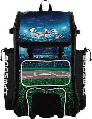 Boombah Rolling Catchers Superpack Bat Bag - 23-1/2" x 13-1/2" x 9-1/2" - Telescopic Handle - Holds 4 Bats - Wheeled Version - Baseball Stadium Lights Black/White/Kelly Green