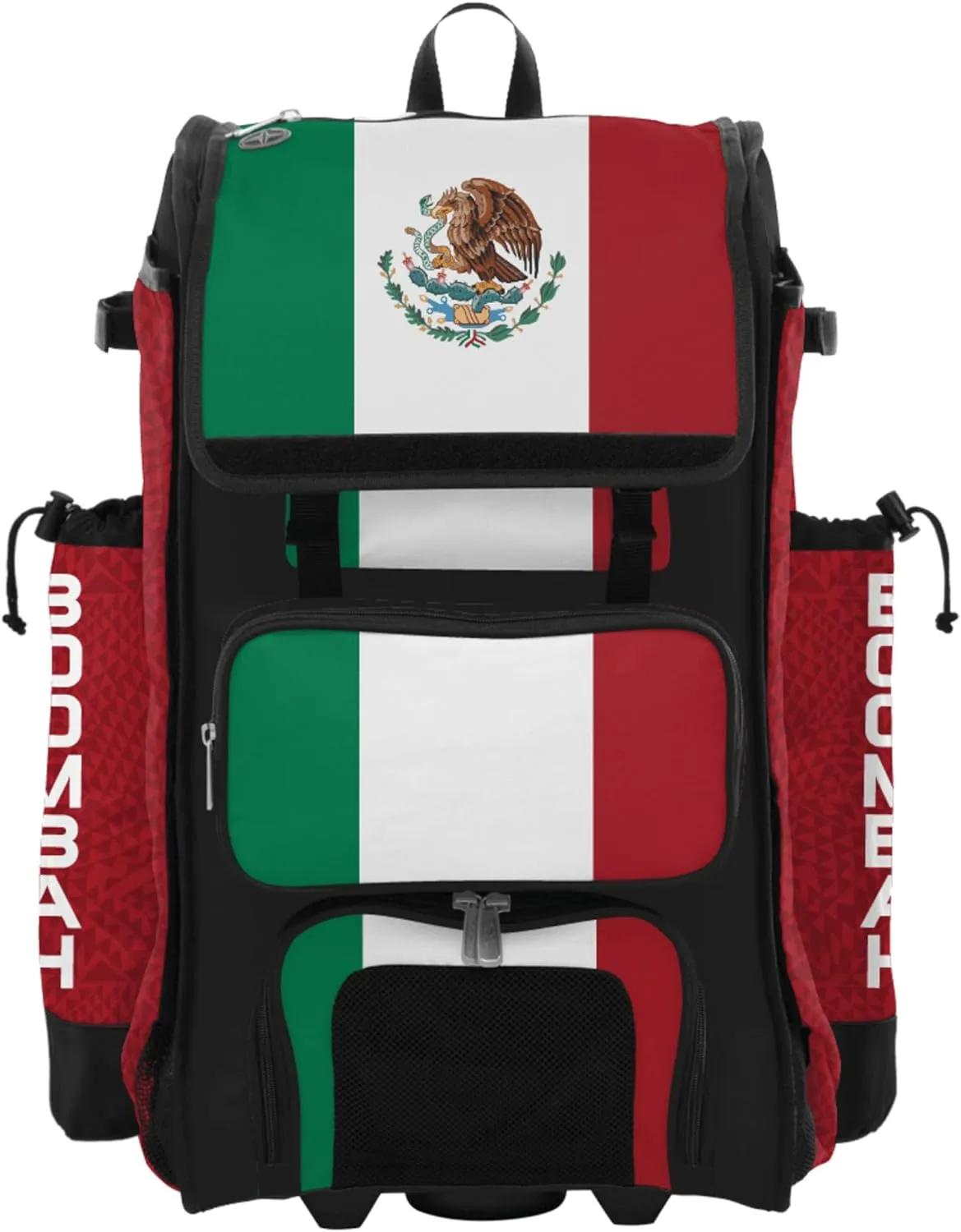 Boombah Rolling Catchers Superpack Bat Bag - 23-1/2" x 13-1/2" x 9-1/2" - Telescopic Handle - Holds 4 Bats - Wheeled Version - Mexico Kelly Green/Red/White