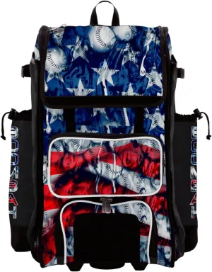 Boombah Rolling Catchers Superpack Bat Bag - 23-1/2" x 13-1/2" x 9-1/2" - Telescopic Handle - Holds 4 Bats - Wheeled Version - USA Baseball Ball Park Black/Royal Blue/Red