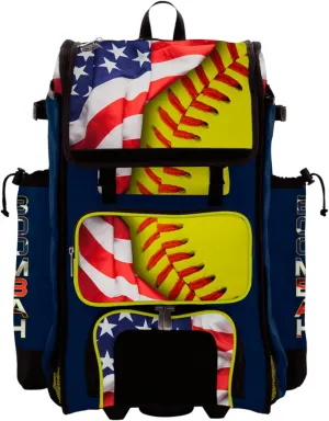 Boombah Rolling Catchers Superpack Bat Bag - 23-1/2" x 13-1/2" x 9-1/2" - Telescopic Handle - Holds 4 Bats - Wheeled Version - USA Softball Game Time Navy/Red/Optic Yellow