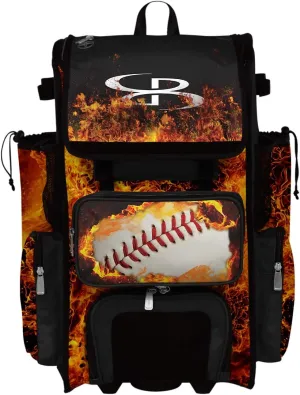 Boombah Rolling Superpack 2.0 Baseball/Softball Gear Bag - 23-1/2" x 13-1/2" x 9-1/2" - Baseball Fire Ball Black/Orange/White - Telescopic Handle - Holds 4 Bats - Wheeled Version