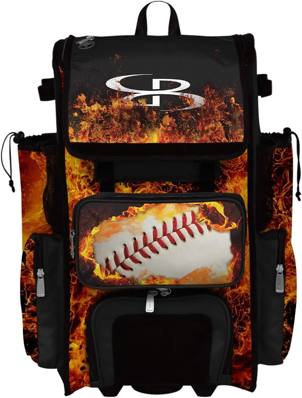 Boombah Rolling Superpack 2.0 Baseball/Softball Gear Bag - 23-1/2" x 13-1/2" x 9-1/2" - Baseball Fire Ball Black/Orange/White - Telescopic Handle - Holds 4 Bats - Wheeled Version