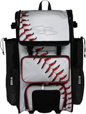 Boombah Rolling Superpack 2.0 Baseball/Softball Gear Bag - 23-1/2" x 13-1/2" x 9-1/2" - Baseball Homerun White/Black/Red - Telescopic Handle - Holds 4 Bats - Wheeled Version