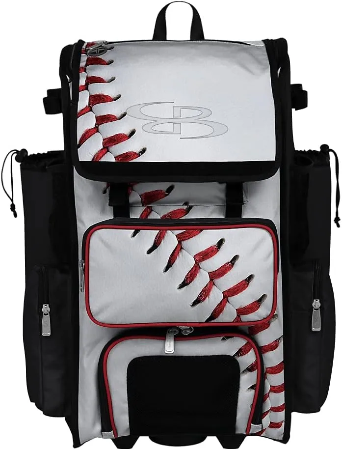 Boombah Rolling Superpack 2.0 Baseball/Softball Gear Bag - 23-1/2" x 13-1/2" x 9-1/2" - Baseball Homerun White/Black/Red - Telescopic Handle - Holds 4 Bats - Wheeled Version