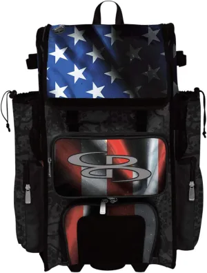 Boombah Rolling Superpack 2.0 Baseball/Softball Gear Bag - 23-1/2" x 13-1/2" x 9-1/2" - Black Ops Black/Royal Blue/Red - Telescopic Handle - Holds 4 Bats - Wheeled Version