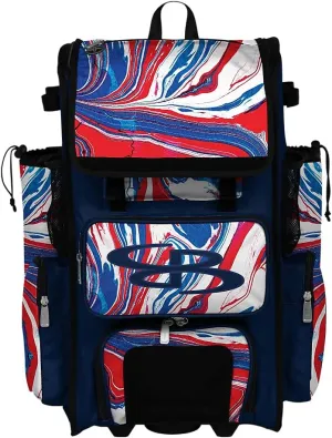 Boombah Rolling Superpack 2.0 Baseball/Softball Gear Bag - 23-1/2" x 13-1/2" x 9-1/2" - Flow 2.0 Navy/Red/White - Telescopic Handle - Holds 4 Bats - Wheeled Version