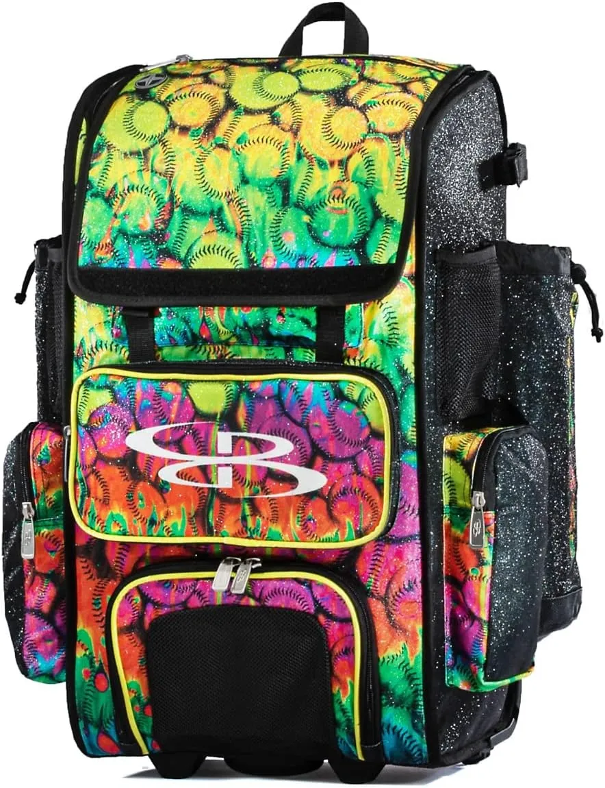 Boombah Rolling Superpack 2.0 Baseball/Softball Gear Bag - 23-1/2" x 13-1/2" x 9-1/2" - Telescopic Handle - Holds 4 Bats - Wheeled Version - Neon Ballpark Glitter Multi