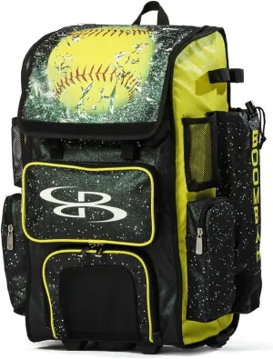 Boombah Rolling Superpack 2.0 Baseball/Softball Gear Bag - 23-1/2" x 13-1/2" x 9-1/2" - Telescopic Handle - Holds 4 Bats - Wheeled Version - Softball Highlight Glitter Black/Optic Yellow/Red