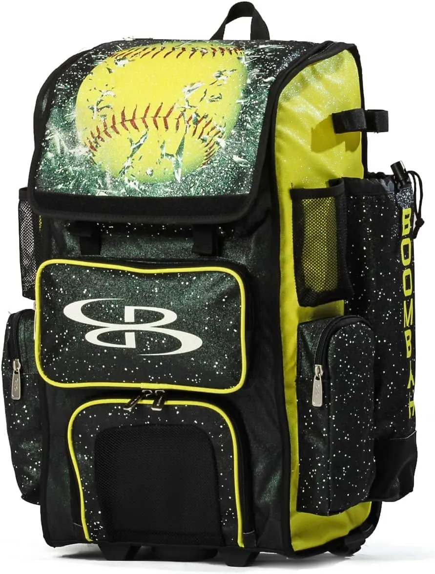 Boombah Rolling Superpack 2.0 Baseball/Softball Gear Bag - 23-1/2" x 13-1/2" x 9-1/2" - Telescopic Handle - Holds 4 Bats - Wheeled Version - Softball Highlight Glitter Black/Optic Yellow/Red