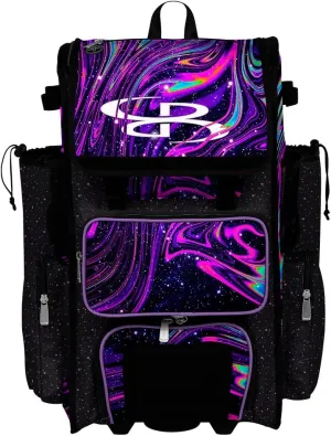 Boombah Rolling Superpack 2.0 Baseball/Softball Gear Bag - 23-1/2" x 13-1/2" x 9-1/2" - Telescopic Handle - Holds 4 Bats - Wheeled Version - Supernova Black/Amethyst Orchid/White