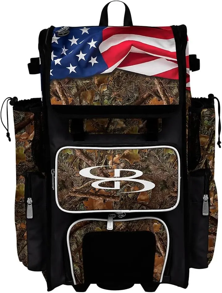Boombah Rolling Superpack 2.0 Baseball/Softball Gear Bag - 23-1/2" x 13-1/2" x 9-1/2" - Telescopic Handle - Holds 4 Bats - Wheeled Version - USA Backwoods Black/White/Olive Drab