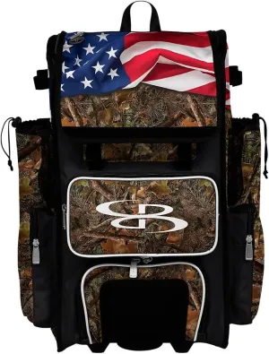 Boombah Rolling Superpack 2.0 Baseball/Softball Gear Bag - 23-1/2" x 13-1/2" x 9-1/2" - Telescopic Handle - Holds 4 Bats - Wheeled Version - USA Backwoods Black/White/Olive Drab