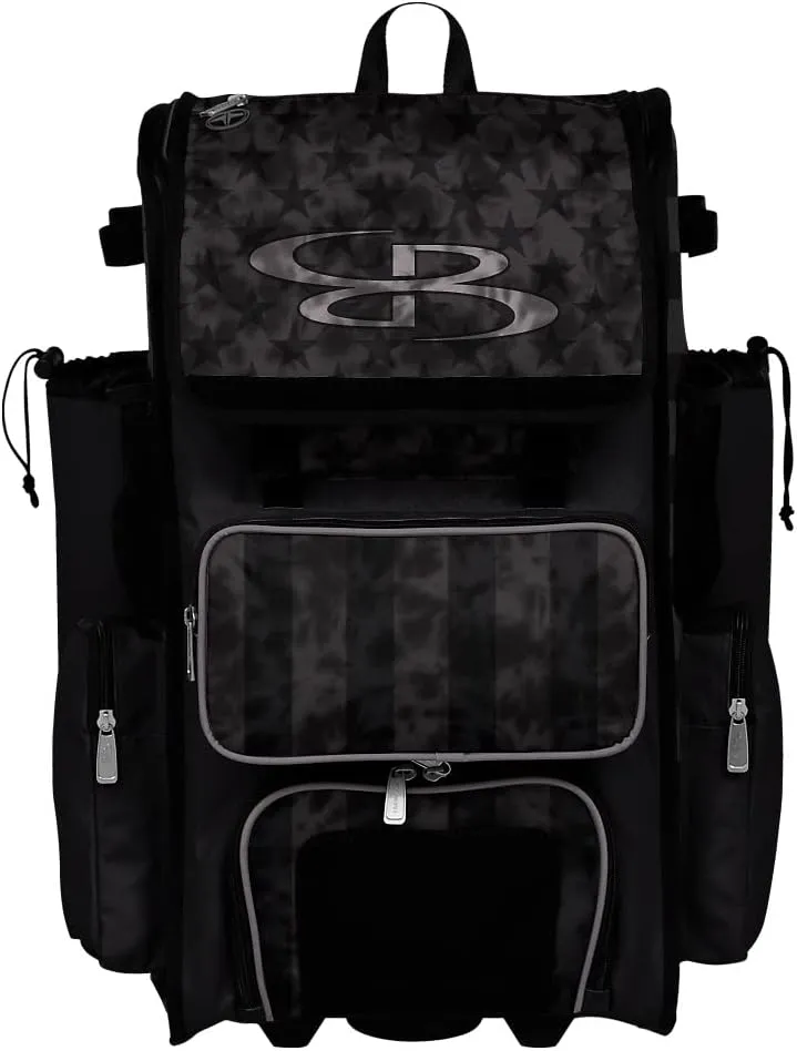 Boombah Rolling Superpack 2.0 Baseball/Softball Gear Bag - 23-1/2" x 13-1/2" x 9-1/2" - Telescopic Handle - Holds 4 Bats - Wheeled Version - USA Defend Black/Steel