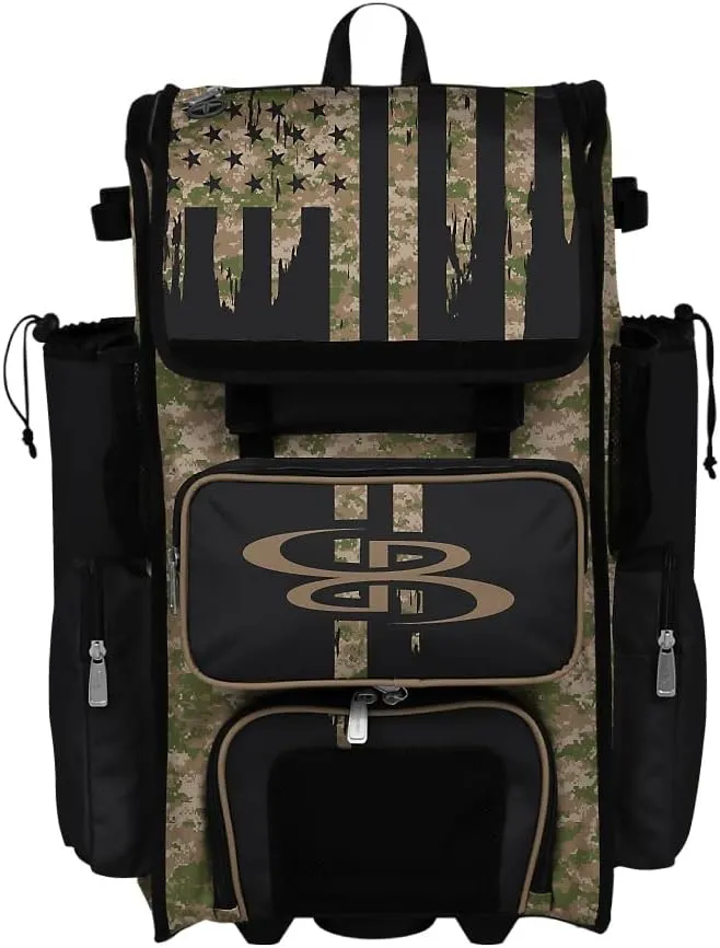 Boombah Rolling Superpack 2.0 Baseball/Softball Gear Bag - 23-1/2" x 13-1/2" x 9-1/2" - Telescopic Handle - Holds 4 Bats - Wheeled Version - USA Tribute Olive Drab/Teak Brown/Black