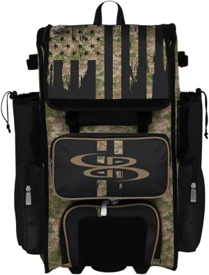 Boombah Rolling Superpack 2.0 Baseball/Softball Gear Bag - 23-1/2" x 13-1/2" x 9-1/2" - Telescopic Handle - Holds 4 Bats - Wheeled Version - USA Tribute Olive Drab/Teak Brown/Black