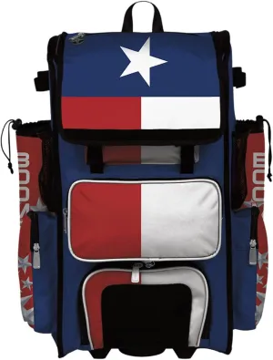Boombah Rolling Superpack 2.0 Baseball/Softball Gear Bag - 23-1/2" x 13-1/2" x 9-1/2" - Texas Royal Blue/Red/White - Telescopic Handle - Holds 4 Bats - Wheeled Version