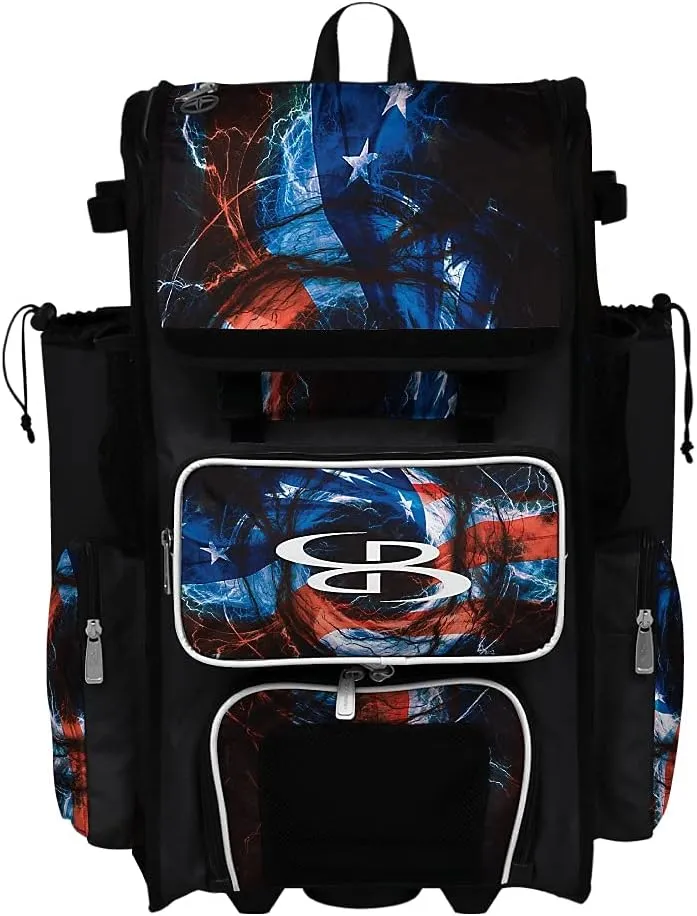 Boombah Rolling Superpack 2.0 Baseball/Softball Gear Bag - 23-1/2" x 13-1/2" x 9-1/2" - USA Patriot Black/Red/White - Telescopic Handle - Holds 4 Bats - Wheeled Version