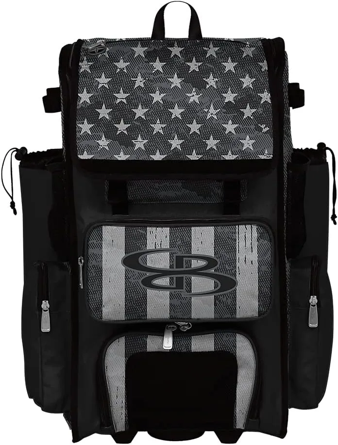Boombah Rolling Superpack 2.0 Baseball/Softball Gear Bag - 23-1/2" x 13-1/2" x 9-1/2" - USA Pledge Black Ops Black/Charcoal/Steel - Telescopic Handle - Holds 4 Bats - Wheeled Version
