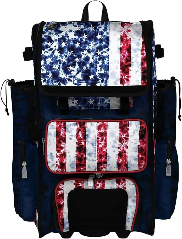 Boombah Rolling Superpack 2.0 Baseball/Softball Gear Bag - 23-1/2" x 13-1/2" x 9-1/2" - USA Salute Navy/Red/White - Telescopic Handle - Holds 4 Bats - Wheeled Version
