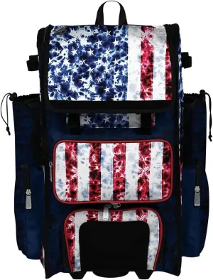 Boombah Rolling Superpack 2.0 Baseball/Softball Gear Bag - 23-1/2" x 13-1/2" x 9-1/2" - USA Salute Navy/Red/White - Telescopic Handle - Holds 4 Bats - Wheeled Version
