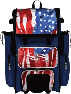 Boombah Rolling Superpack 2.0 Baseball/Softball Gear Bag - 23-1/2" x 13-1/2" x 9-1/2" - USA Watercolor Royal Blue/White/Red - Telescopic Handle - Holds 4 Bats - Wheeled Version