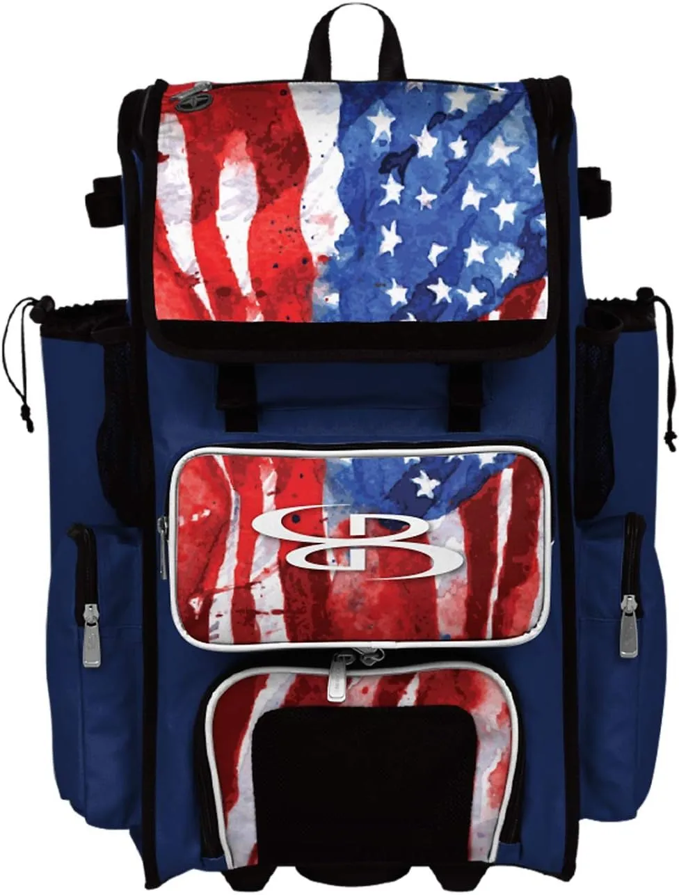 Boombah Rolling Superpack 2.0 Baseball/Softball Gear Bag - 23-1/2" x 13-1/2" x 9-1/2" - USA Watercolor Royal Blue/White/Red - Telescopic Handle - Holds 4 Bats - Wheeled Version