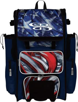 Boombah Rolling Superpack 2.0 Baseball/Softball Gear Bag - 23-1/2" x 13-1/2" x 9-1/2" - USA Wave Navy/Red/White - Telescopic Handle - Holds 4 Bats - Wheeled Version