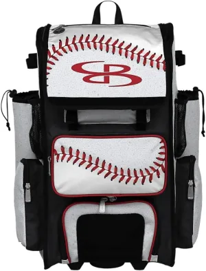 Boombah Rolling Superpack Baseball/Softball Gear Bag - 23-1/2" x 13-1/2" x 9-1/2" - Baseball 2 White/Red/Black - Telescopic Handle - Holds 4 Bats - Wheeled Version