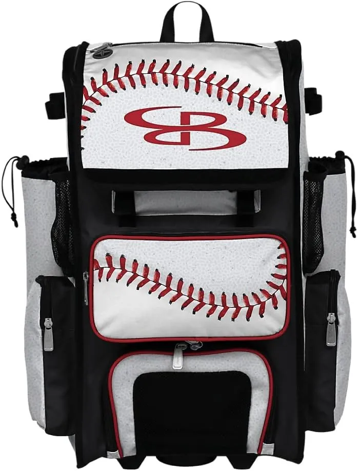 Boombah Rolling Superpack Baseball/Softball Gear Bag - 23-1/2" x 13-1/2" x 9-1/2" - Baseball 2 White/Red/Black - Telescopic Handle - Holds 4 Bats - Wheeled Version