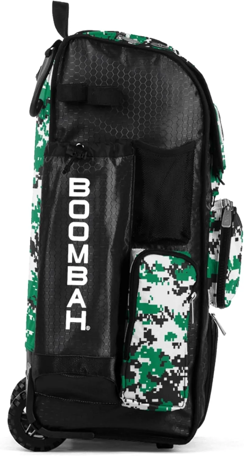 Boombah Rolling Superpack Baseball/Softball Gear Bag - 23-1/2" x 13-1/2" x 9-1/2" - Digital Camo Black/Kelly Green - Telescopic Handle - Holds 4 Bats - Wheeled Version