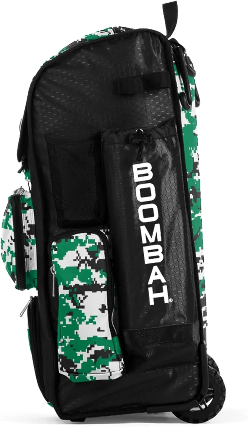 Boombah Rolling Superpack Baseball/Softball Gear Bag - 23-1/2" x 13-1/2" x 9-1/2" - Digital Camo Black/Kelly Green - Telescopic Handle - Holds 4 Bats - Wheeled Version