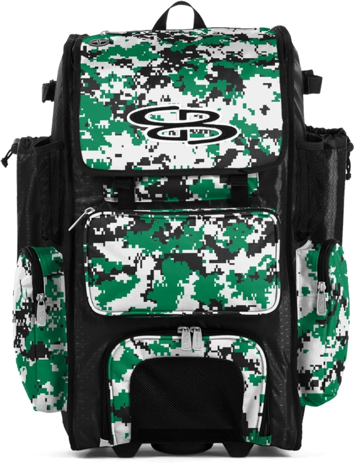Boombah Rolling Superpack Baseball/Softball Gear Bag - 23-1/2" x 13-1/2" x 9-1/2" - Digital Camo Black/Kelly Green - Telescopic Handle - Holds 4 Bats - Wheeled Version