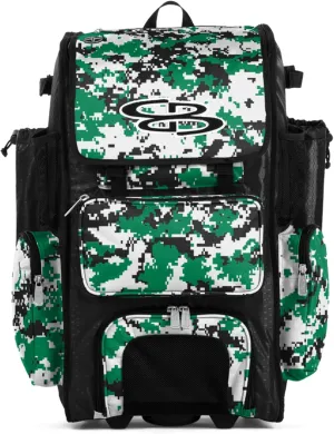 Boombah Rolling Superpack Baseball/Softball Gear Bag - 23-1/2" x 13-1/2" x 9-1/2" - Digital Camo Black/Kelly Green - Telescopic Handle - Holds 4 Bats - Wheeled Version