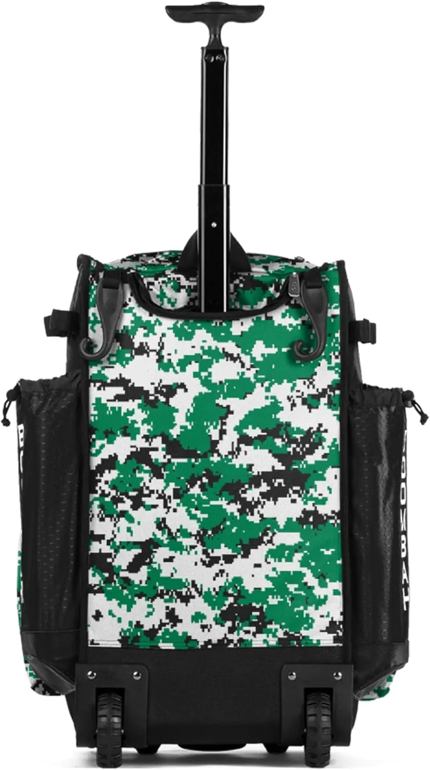 Boombah Rolling Superpack Baseball/Softball Gear Bag - 23-1/2" x 13-1/2" x 9-1/2" - Digital Camo Black/Kelly Green - Telescopic Handle - Holds 4 Bats - Wheeled Version